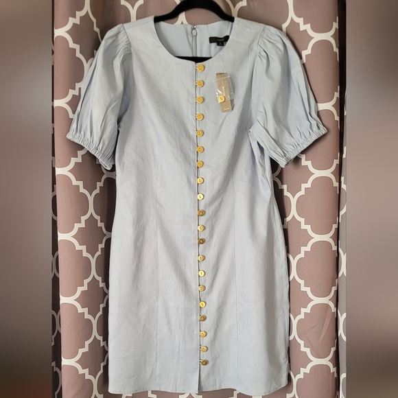 J. Crew Light Blue Puff Sleeve Mini Dress W/ Gold Buttons - Picture 3 of 13